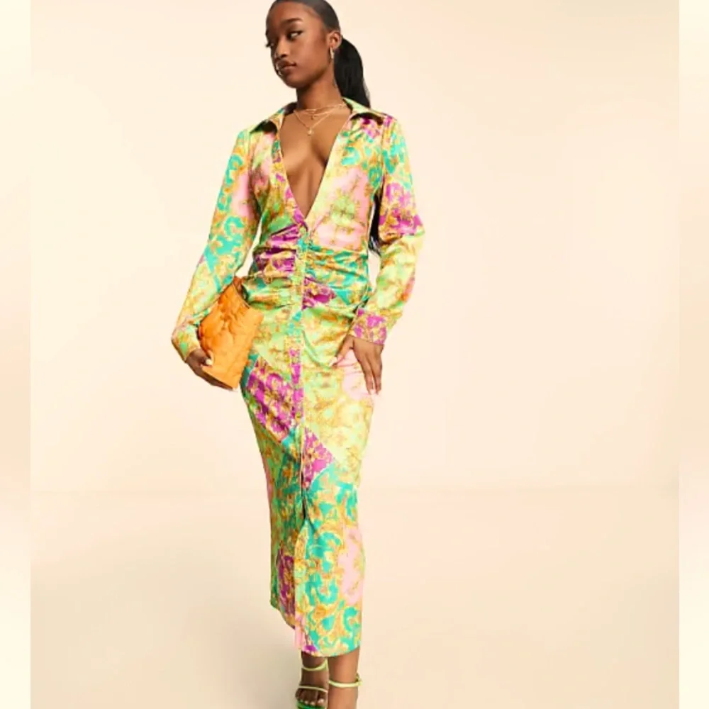 NWOT HER BOTTARI Vibrant Patterned Button-Up Shirt Dress Scarf Print Size L - Picture 16 of 16